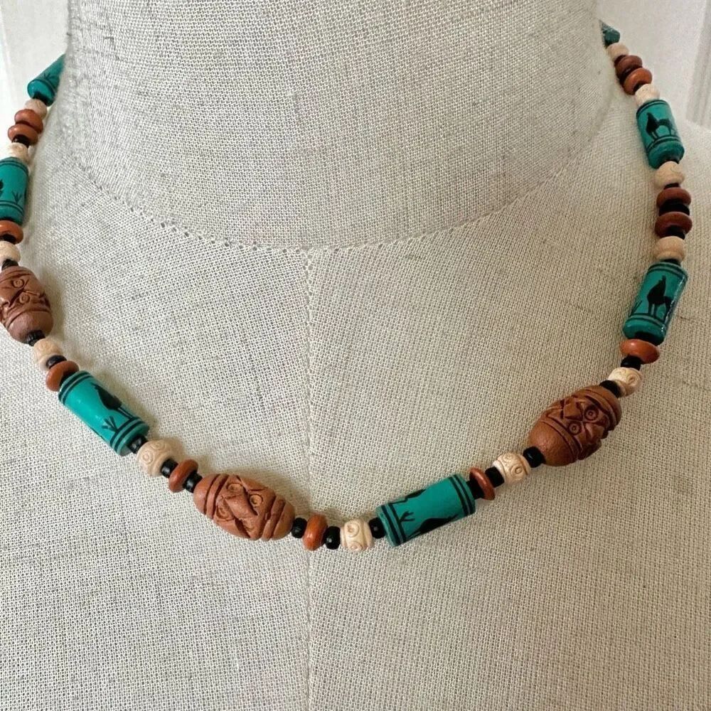 Brown and blue southwestern beaded necklace